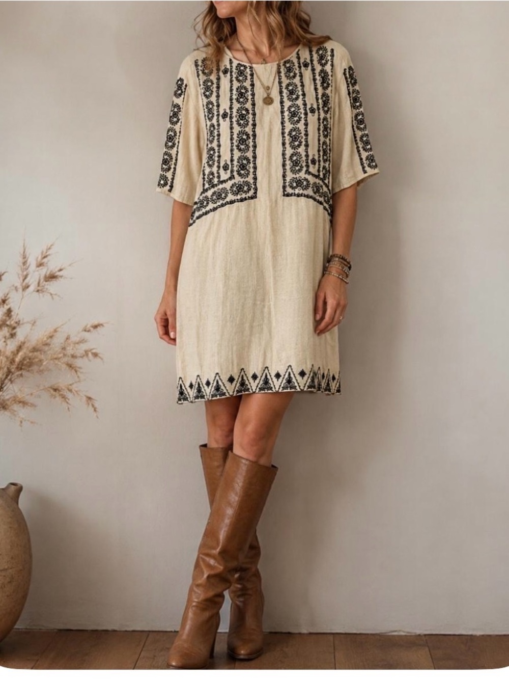 Zara trufuluc TRF collection Embroidered tunic dress cream black fall boho M